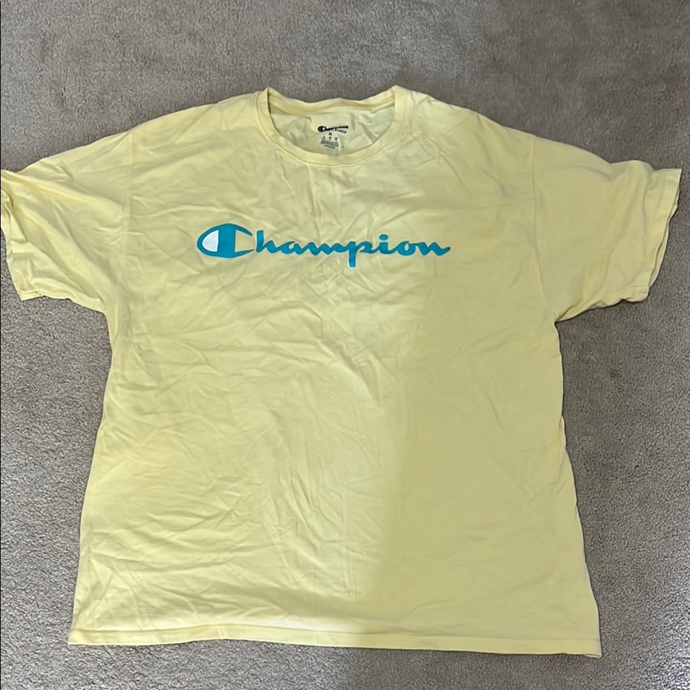 Champion Men’s Yellow T-Shirt with Blue Logo Size XL 100% Cotton
